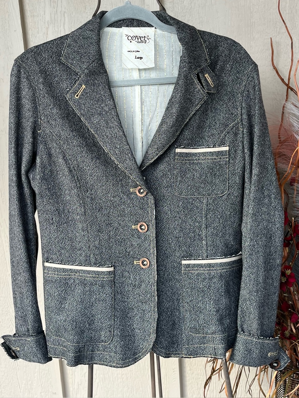 Covet Boutique Blazer Gray WoolBlend Tailored Jacket Raw Edges Cream Stitching L